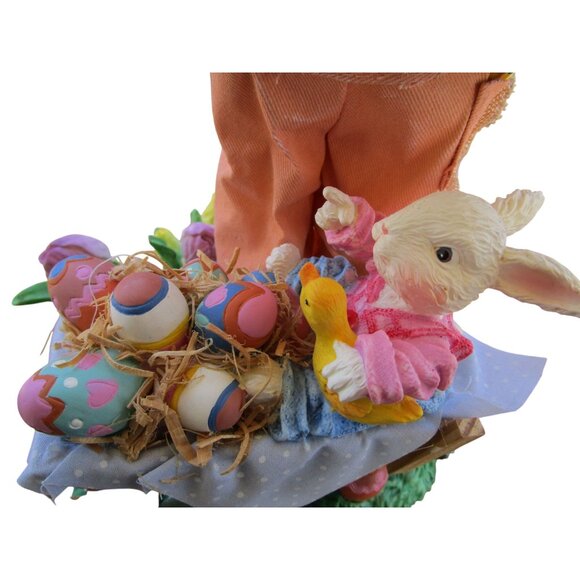 Fabric Mache Mr. Easter Bunny Paints Eggs Baby Bunny Duck In Wheelbarrow GUC - Picture 2 of 12